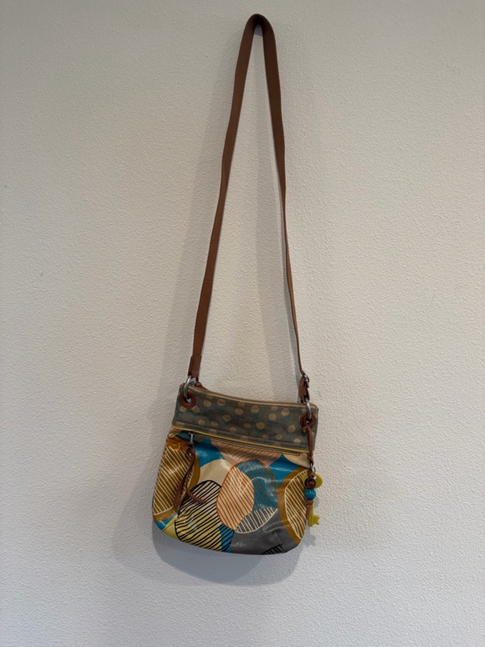 Fossil Teal, Mustard & Gray Geometric Crossbody with Brown Strap